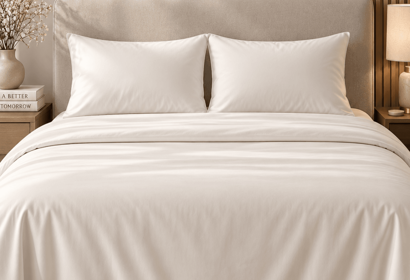 A bed dressed in Khan Bedsheets linen, lit by morning light from a window